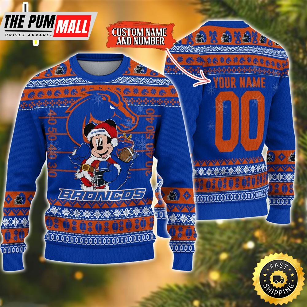 Personalized Boise State Broncos Mickey Ugly Christmas Sweater
