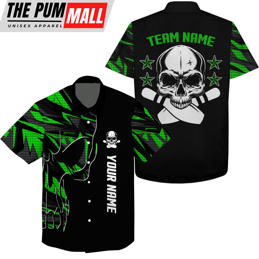 Personalized Bowling Hawaiian Shirts, Custom Name And Team Name Skull Bowling Hawaiian Shirt, Bowling Team Shirt For Friends, Family, Team