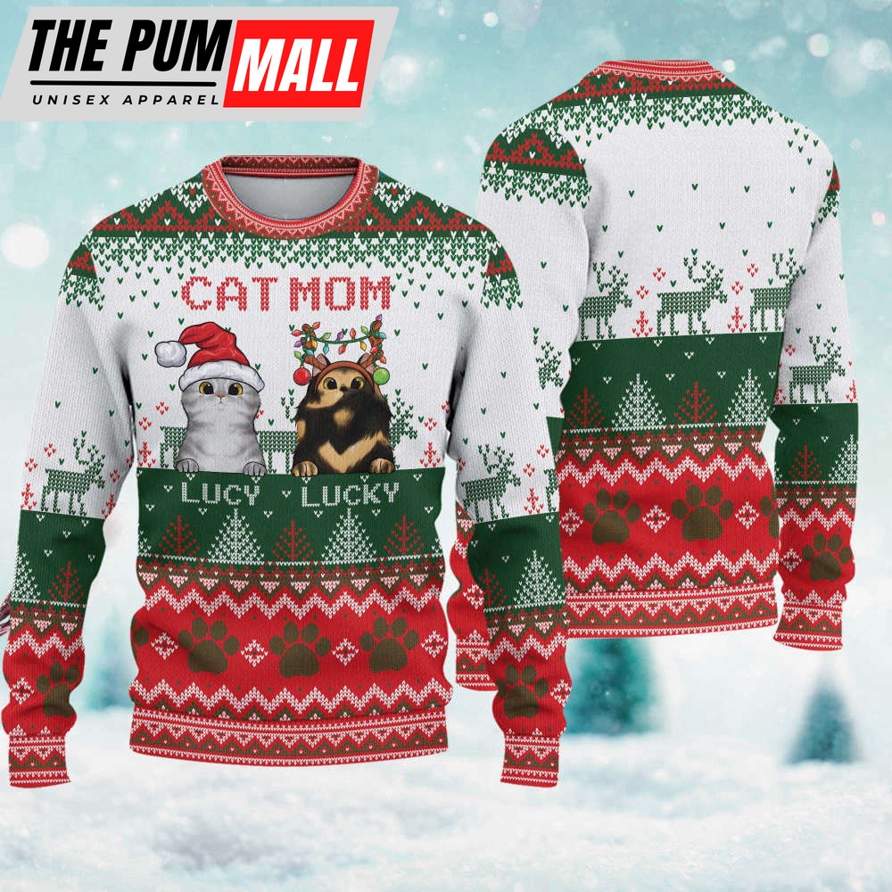 Personalized Cat Mom Cat Dad Ugly Christmas Sweater Wool Sweatshirt Gift For Cat Lovers