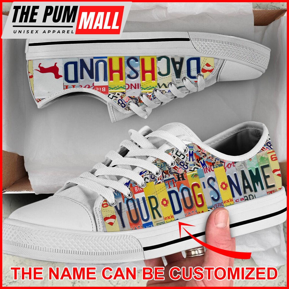 Personalized Dachshund Dog License Plates Low Top Sneaker – Sneaker For Dog Walking – Best Shoes For Dog Lover