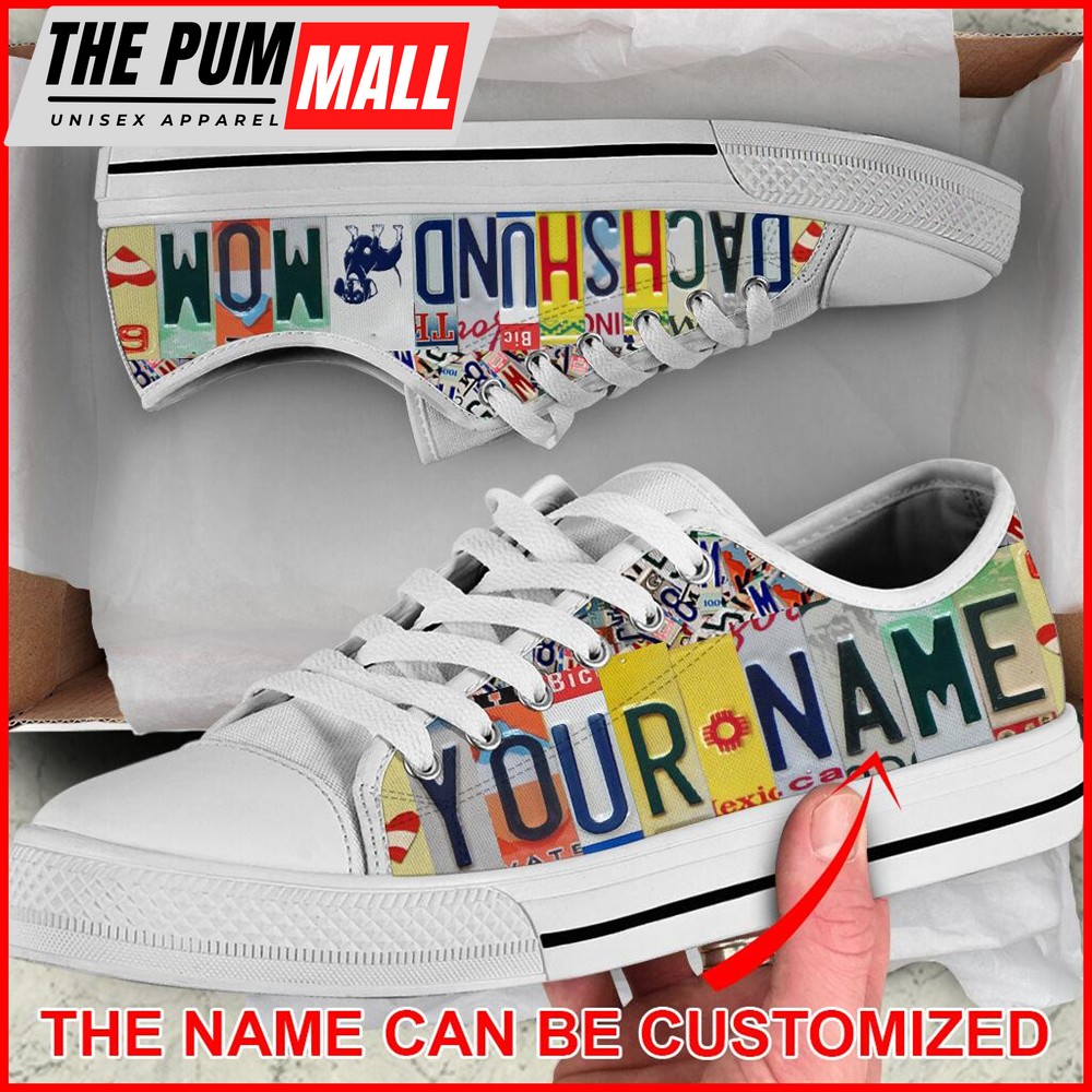 Personalized Dachshund Dog Mom License Plate Low Top Low Top Sneaker – Sneaker For Dog Walking – Best Shoes For Dog Lover