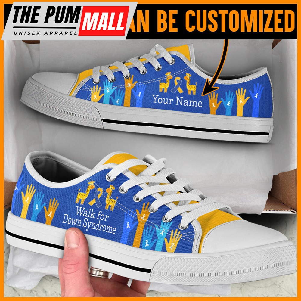 Personalized Down Syndrome Ribbon Giraffe Raise Hand Low Top Sneaker – Sneaker For Dog Walking – Best Shoes For Men And Women