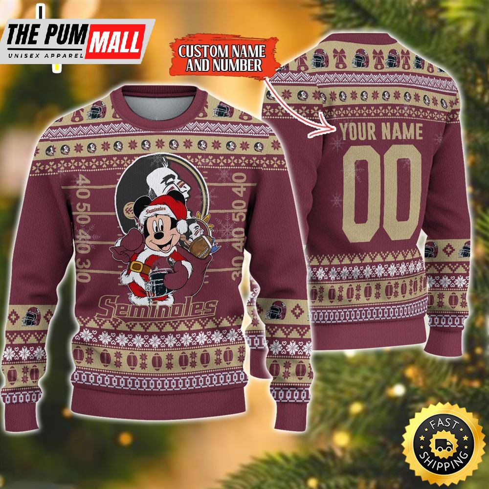 Personalized Florida State Seminoles Mickey Ugly Christmas Sweater