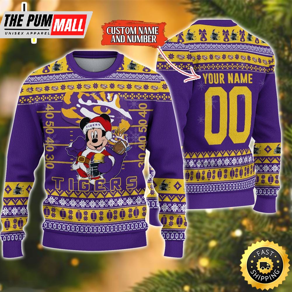 Personalized LSU Tigers Mickey Ugly Christmas Sweater