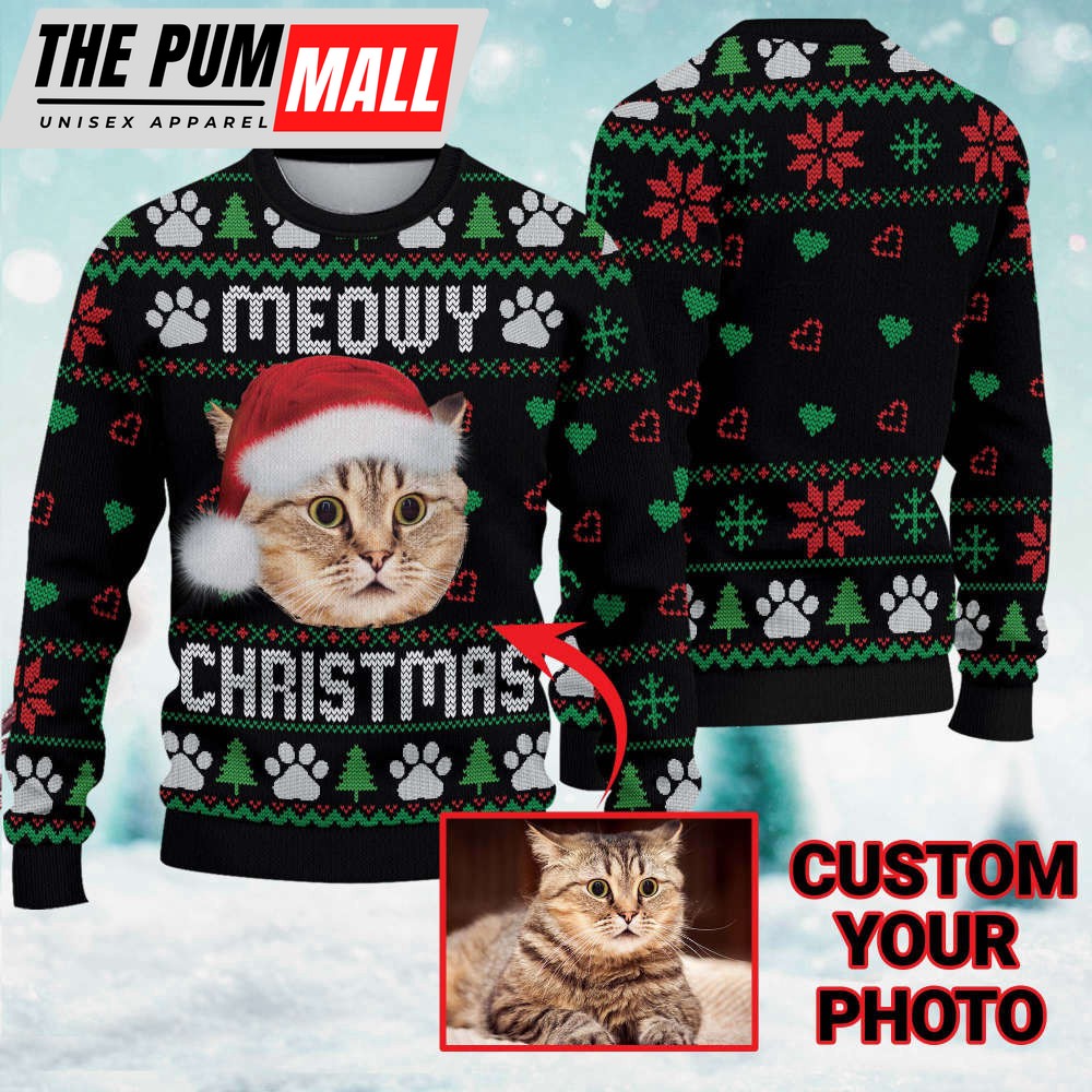 Personalized Meowy Christmas Sweatshirt, Cat Custom Photo Ugly Christmas Sweater For Cat Lover