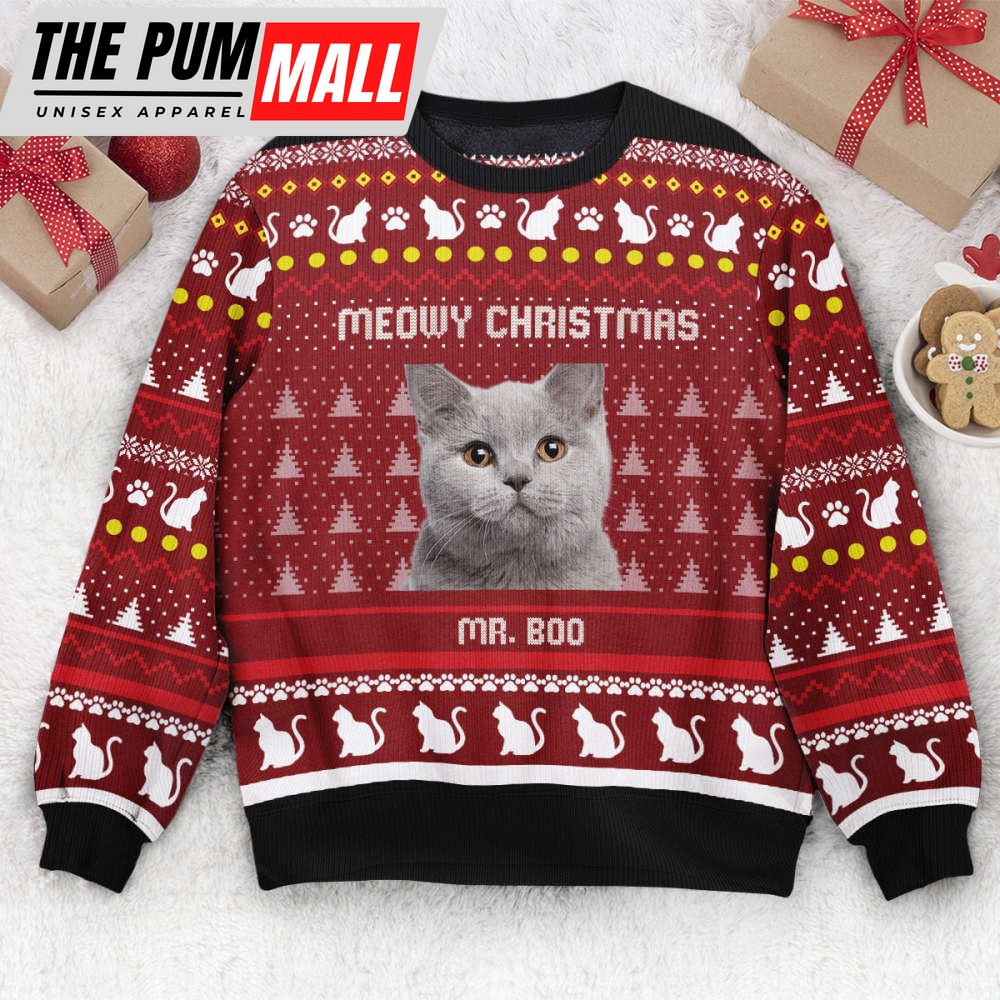 Personalized Meowy Christmas Ugly Sweatshirt, Custom Photo Ugly Sweater For Cat Lovers