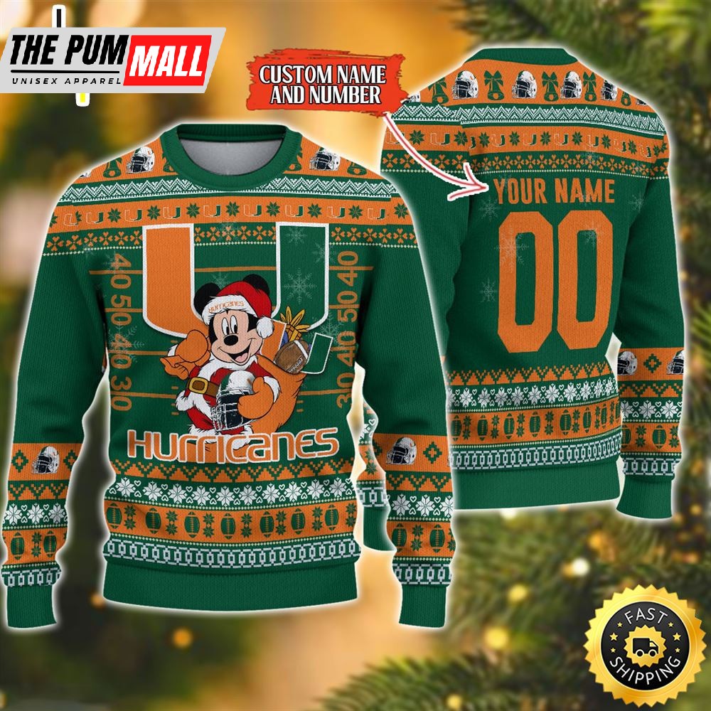 Personalized Miami Hurricanes Mickey Ugly Christmas Sweater