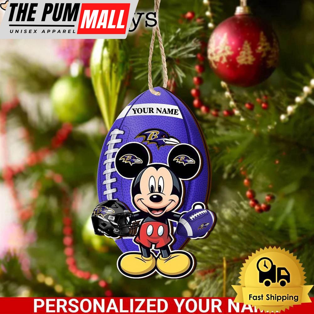 Personalized Name NFL Baltimore Ravens Football Mickey Mouse Ornament Limited Edition