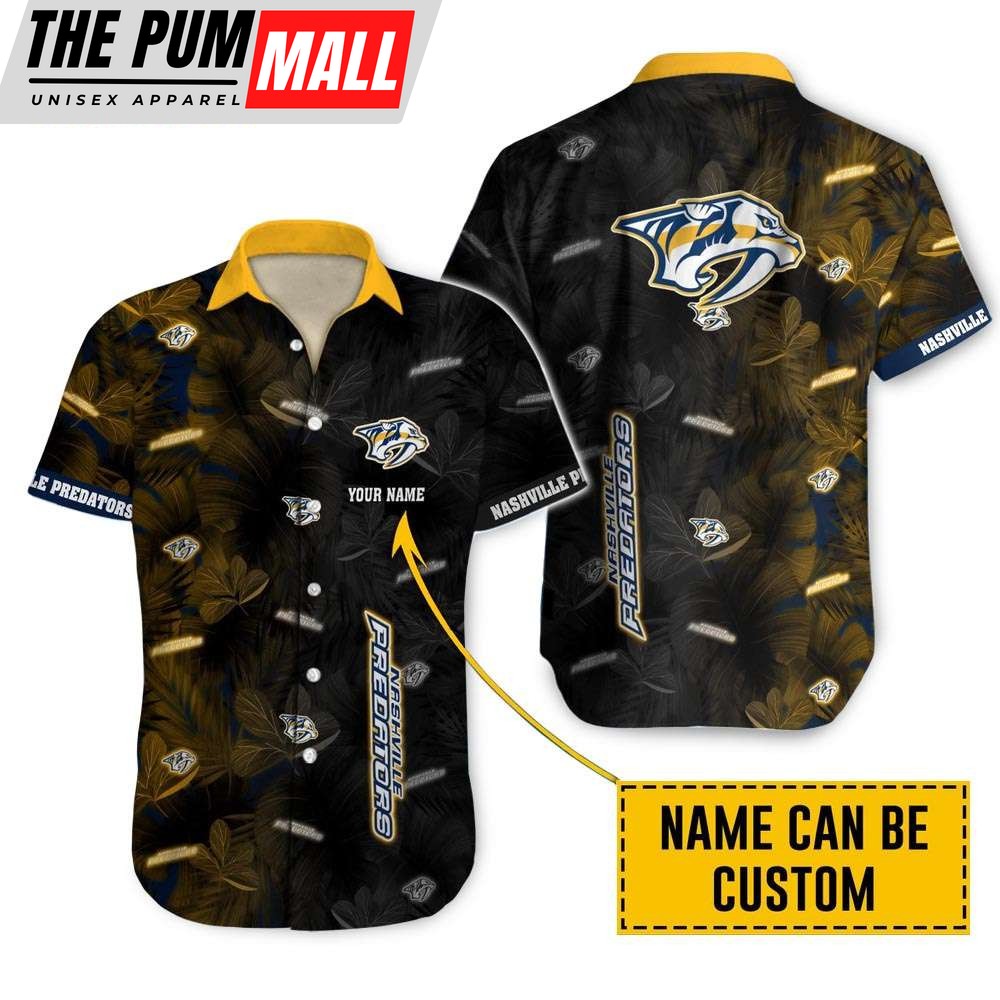 Personalized Nashville Predators Tropical Leafs Button Up Hawaiian Shirt