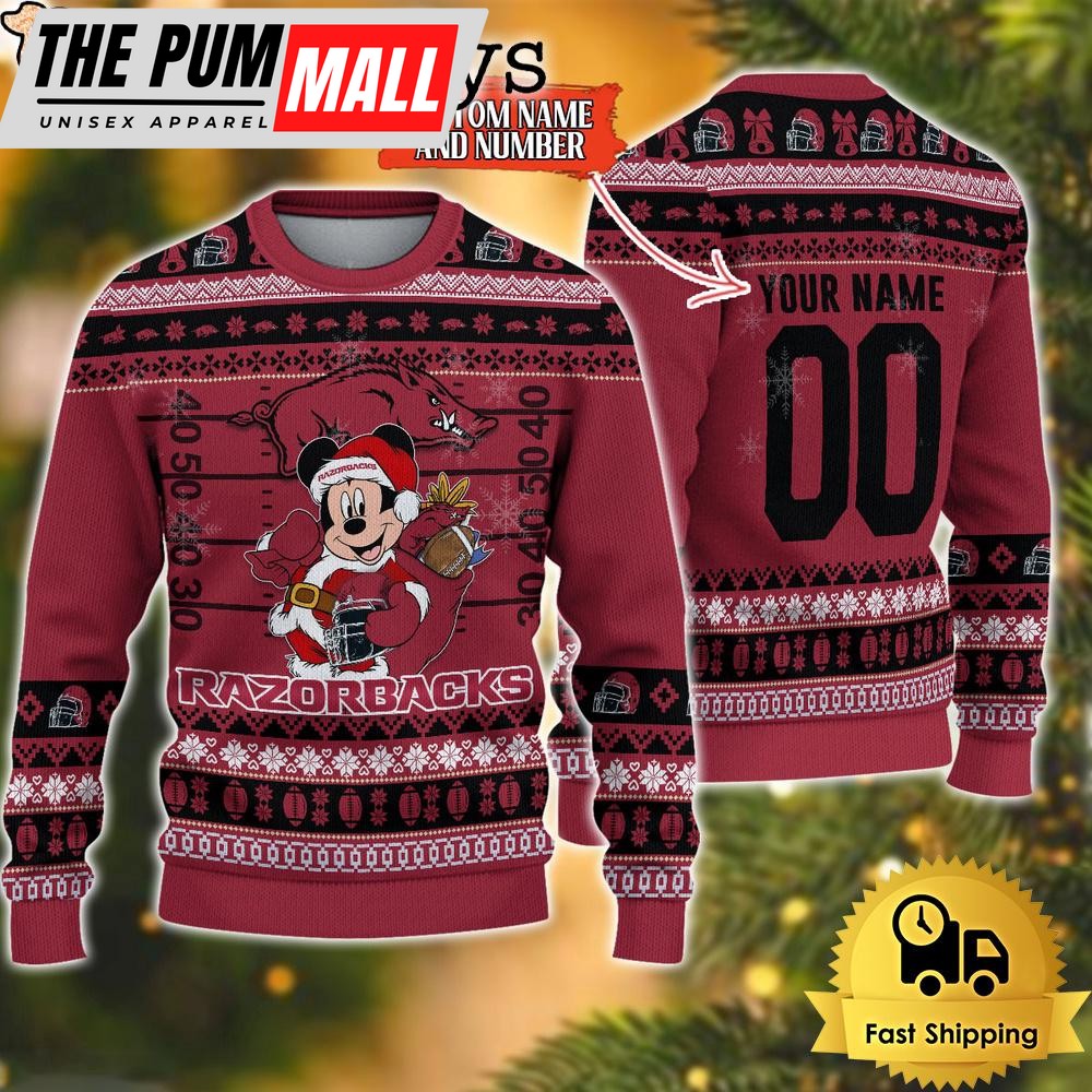 Personalized NCAA Arkansas Razorbacks Mickey Christmas Ugly Sweater