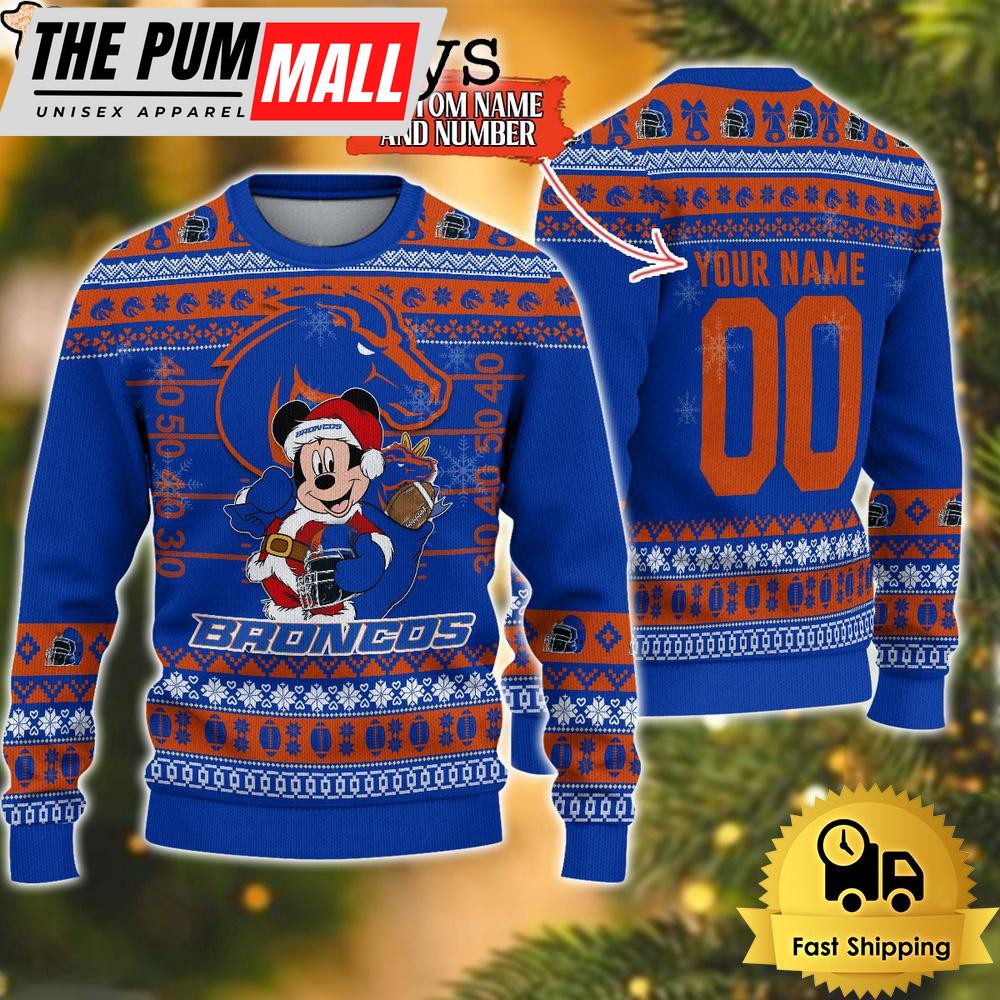 Personalized NCAA Boise State Broncos Mickey Christmas Ugly Sweater