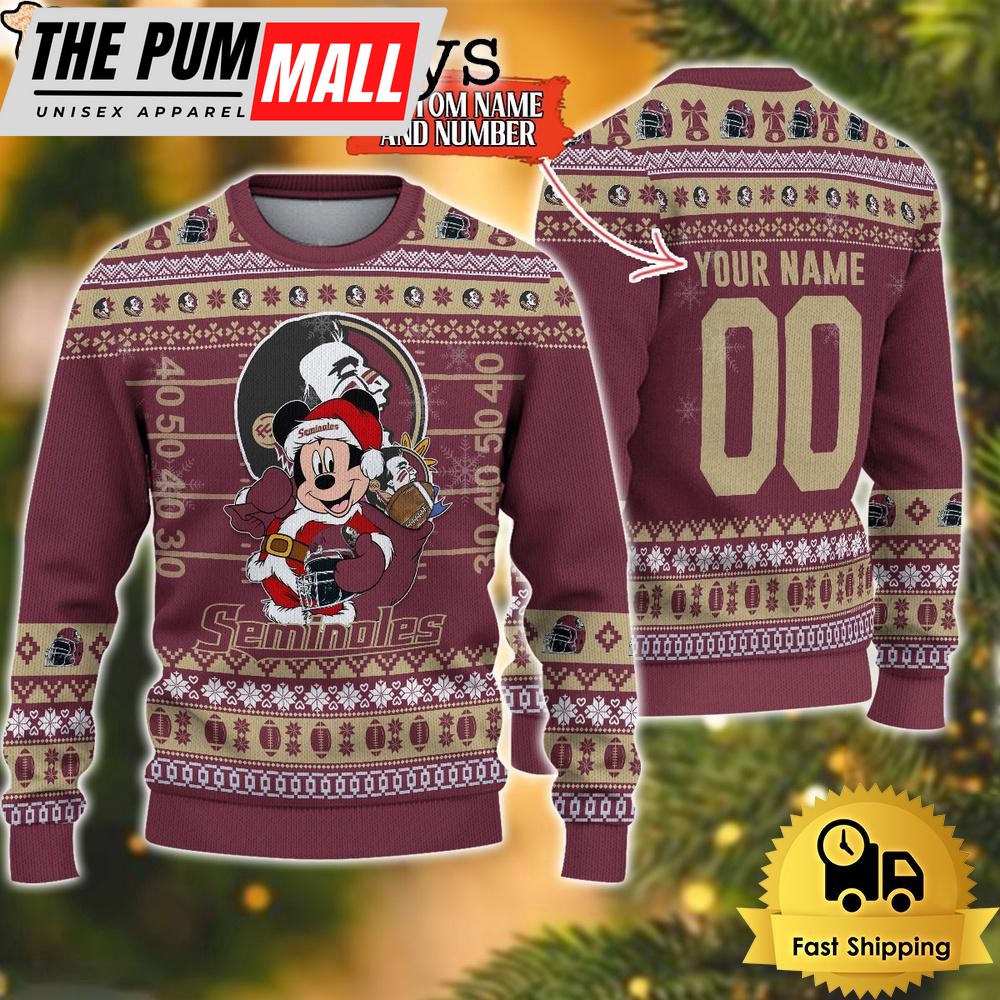Personalized NCAA Florida State Seminoles Mickey Christmas Ugly Sweater