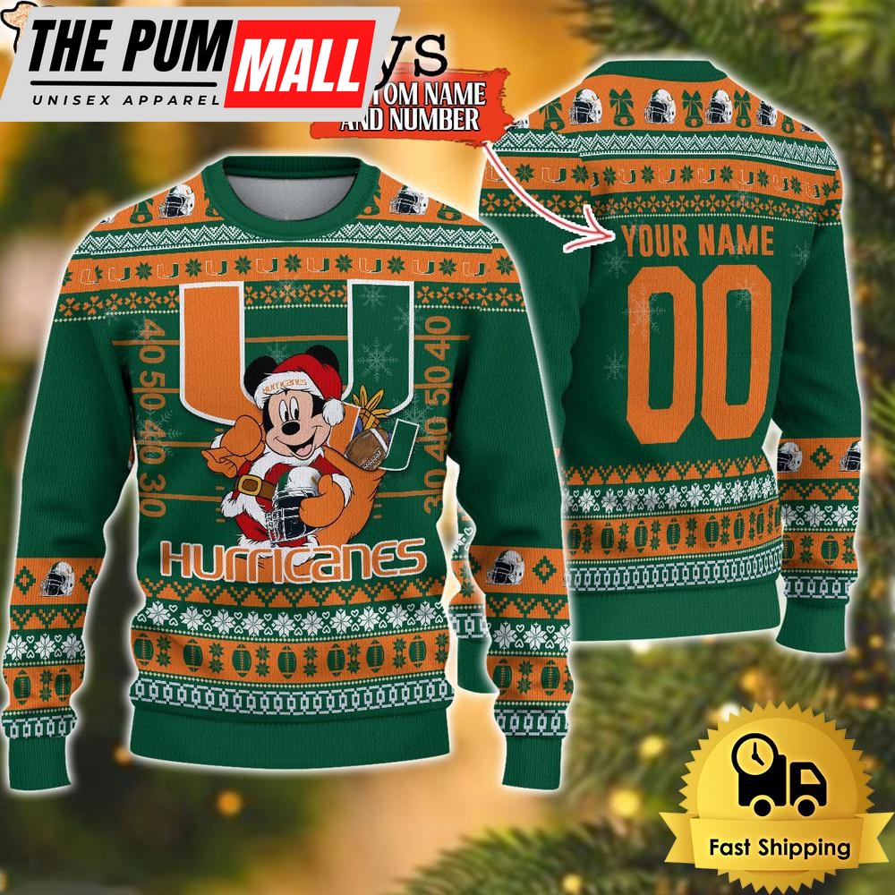 Personalized NCAA Miami Hurricanes Mickey Christmas Ugly Sweater