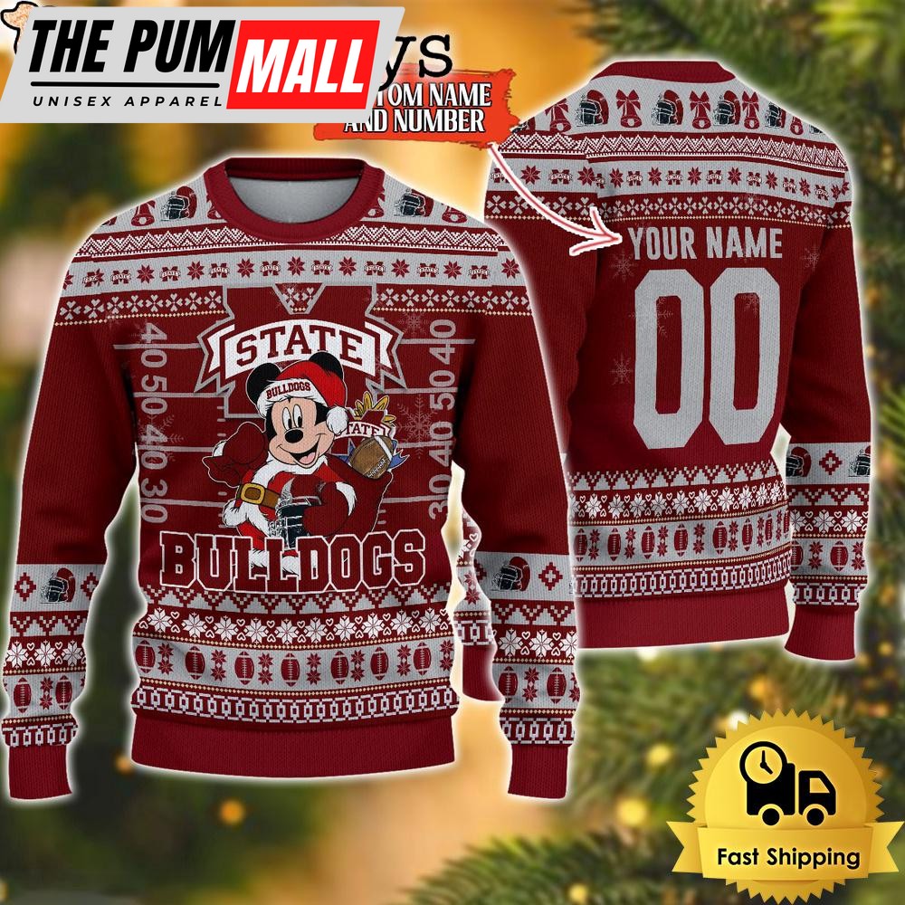 Personalized NCAA Mississippi State Bulldogs Mickey Christmas Ugly Sweater