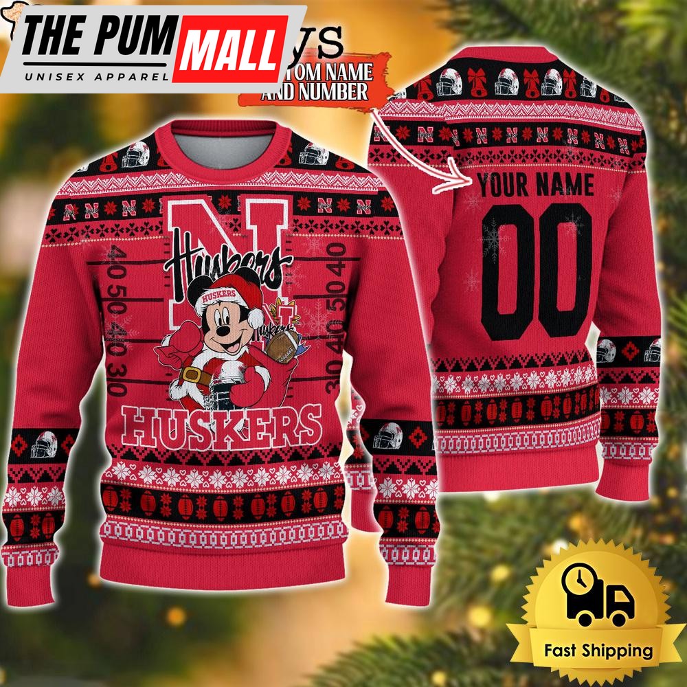 Personalized NCAA Nebraska Cornhuskers Mickey Christmas Ugly Sweater