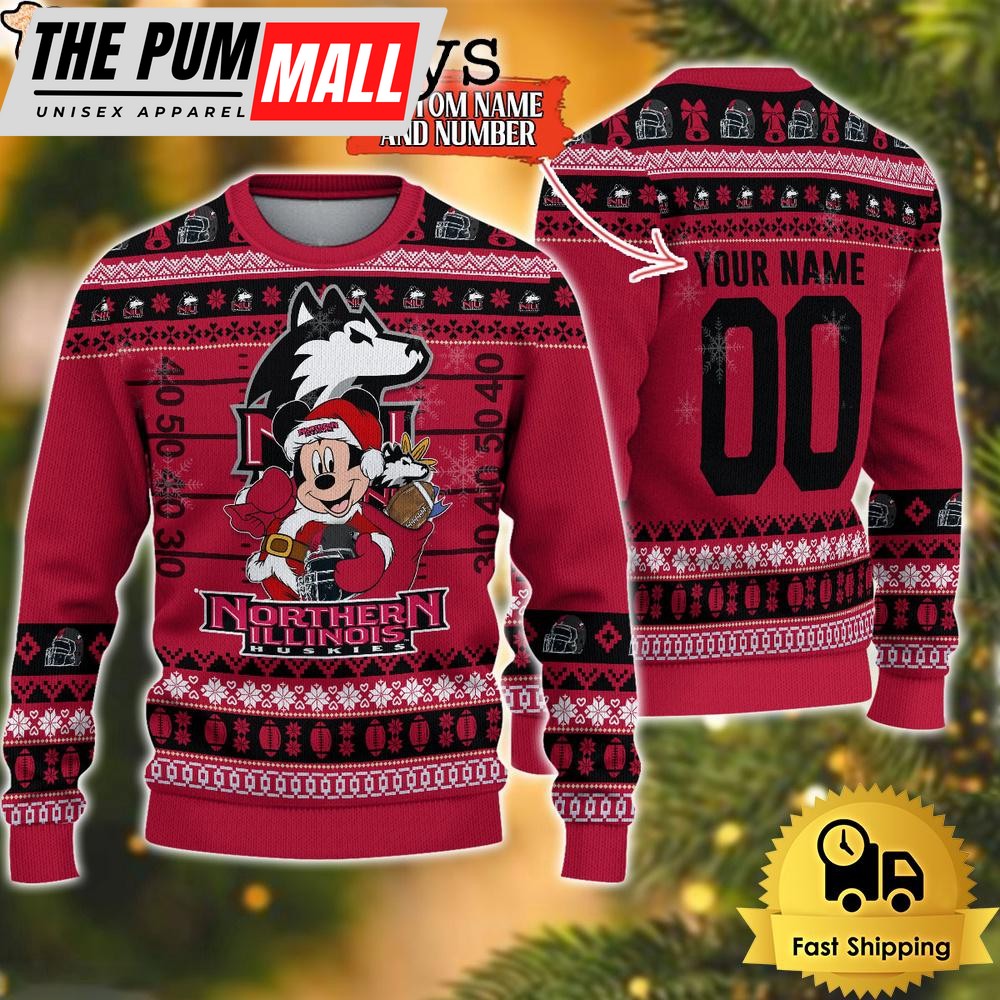 Personalized NCAA Northern Illinois Huskies Mickey Christmas Ugly Sweater