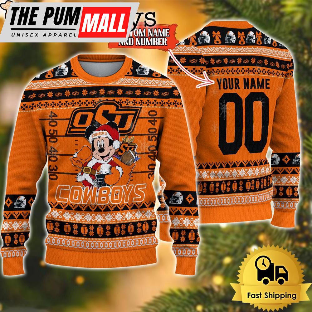 Personalized NCAA Oklahoma State Cowboys Mickey Christmas Ugly Sweater