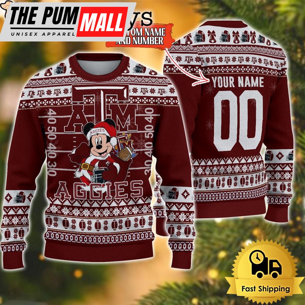 Personalized NCAA Texas A M Aggies Mickey Christmas Ugly Sweater