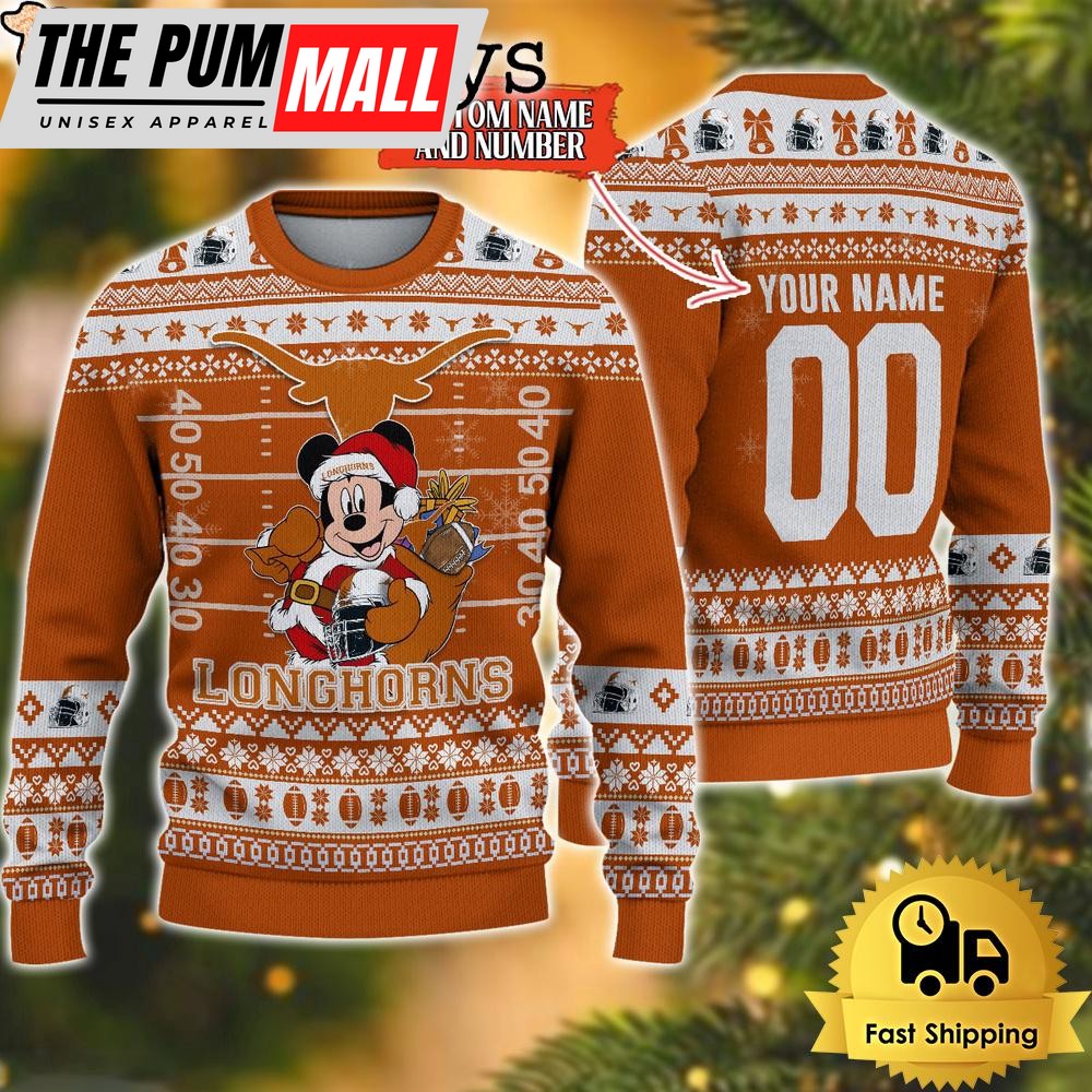Personalized NCAA Texas Longhorns Mickey Christmas Ugly Sweater