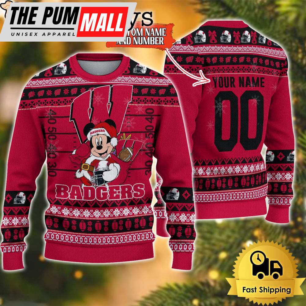 Personalized NCAA Wisconsin Badgers Mickey Christmas Ugly Sweater