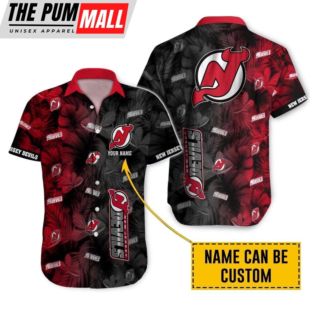 Personalized New Jersey Devils Tropical Leafs Button Up Hawaiian Shirt