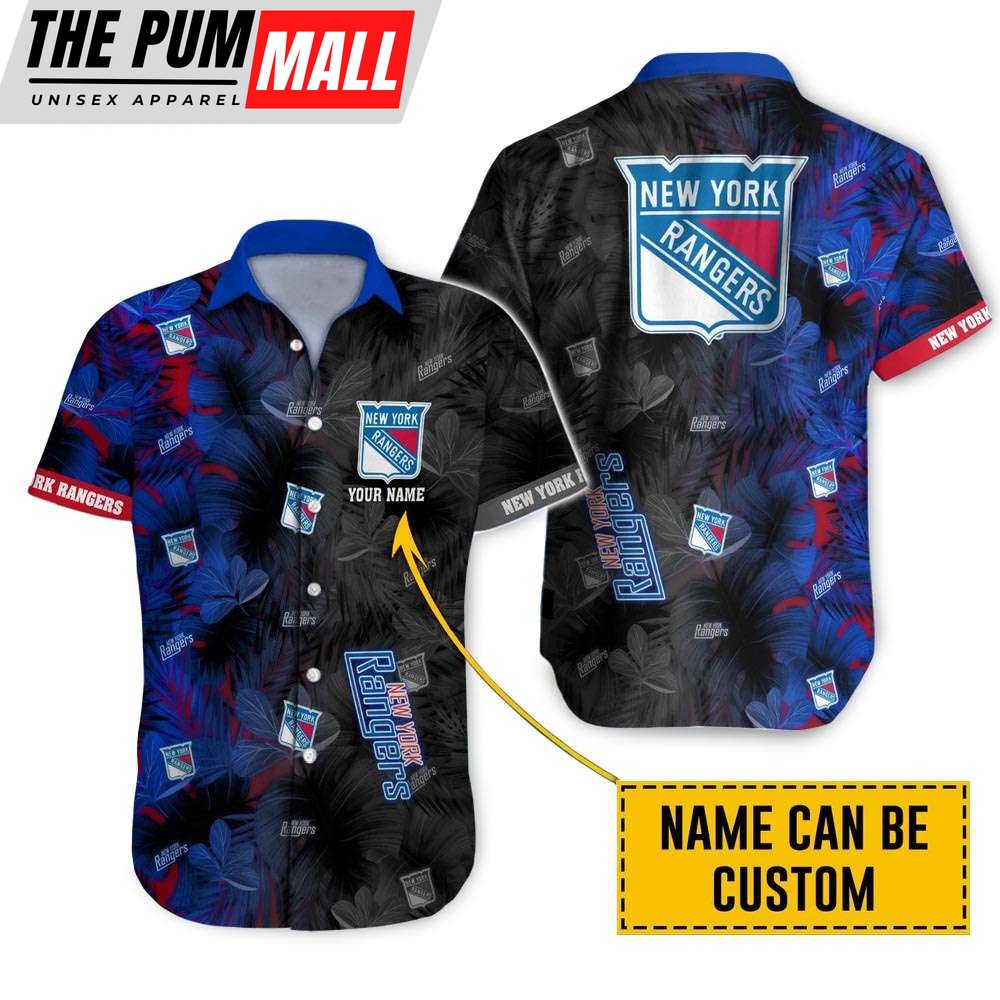 Personalized New York Rangers Tropical Leafs Button Up Hawaiian Shirt
