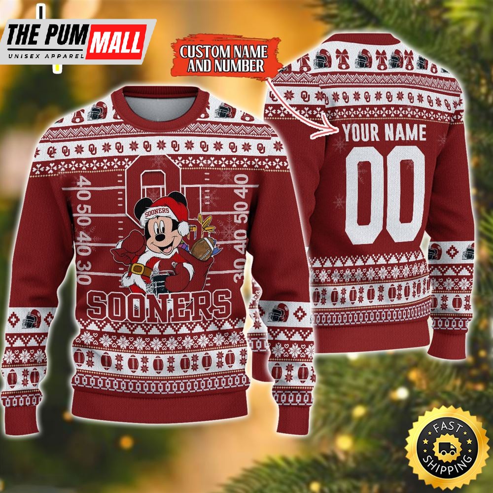 Personalized Oklahoma Sooners Mickey Ugly Christmas Sweater