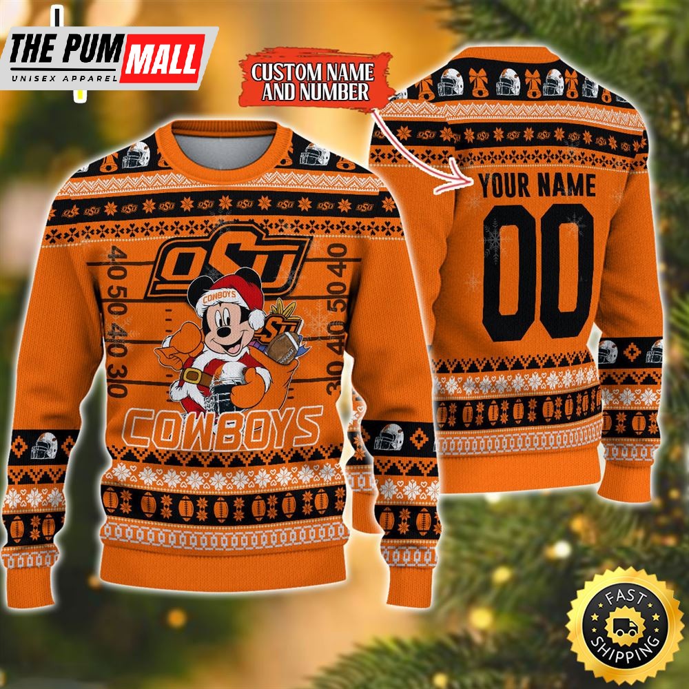 Personalized Oklahoma State Cowboys Mickey Ugly Christmas Sweater