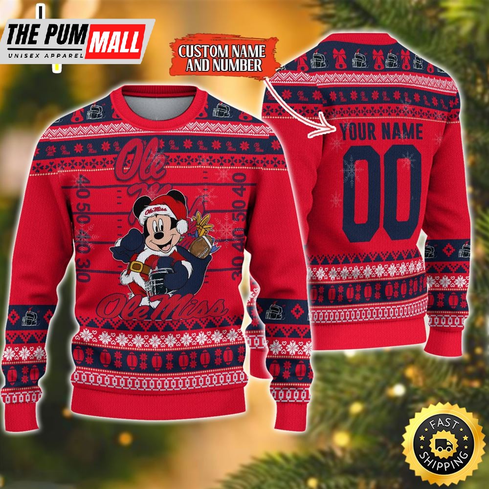 Personalized Ole Miss Rebels Mickey Ugly Christmas Sweater