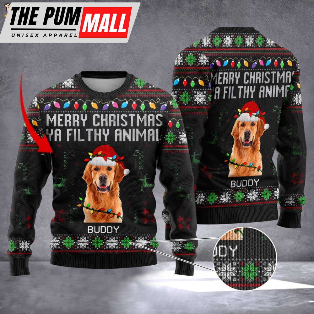 Personalized Photo Golden Retriever Merry Christmas Ya Filthy Animal Sweater Dog Xmas Sweater