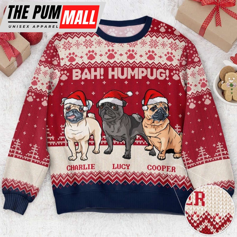 Personalized Photo Ugly Sweater, Bah Ham Pug Dog Lovers Ugly Sweatshirt, Dog Lover Gift