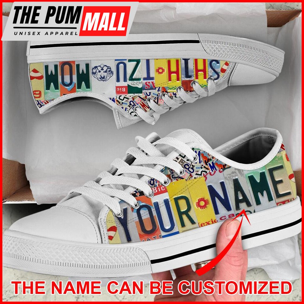 Personalized Shih Tzu Dog Mom License Plate Low Top Sneaker – Sneaker For Dog Walking – Best Shoes For Dog Lover