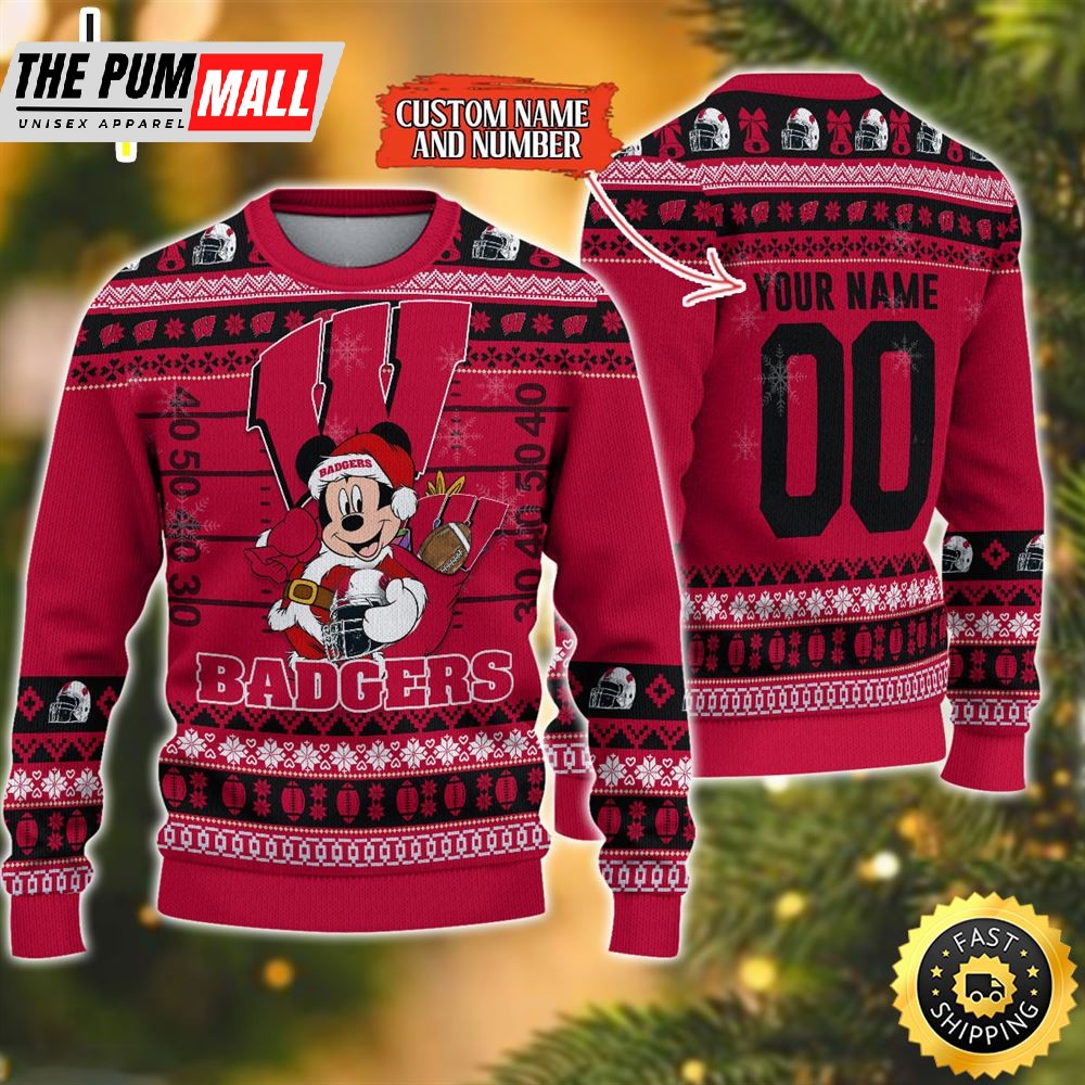 Personalized Wisconsin Badgers Mickey Ugly Christmas Sweater