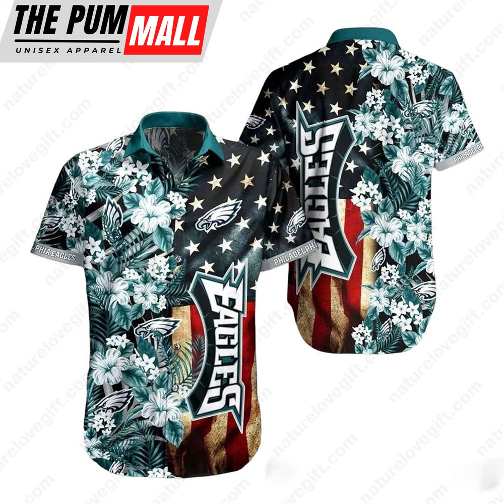Philadelphia Eagles America Flag Hibiscus Hawaiian Shirt