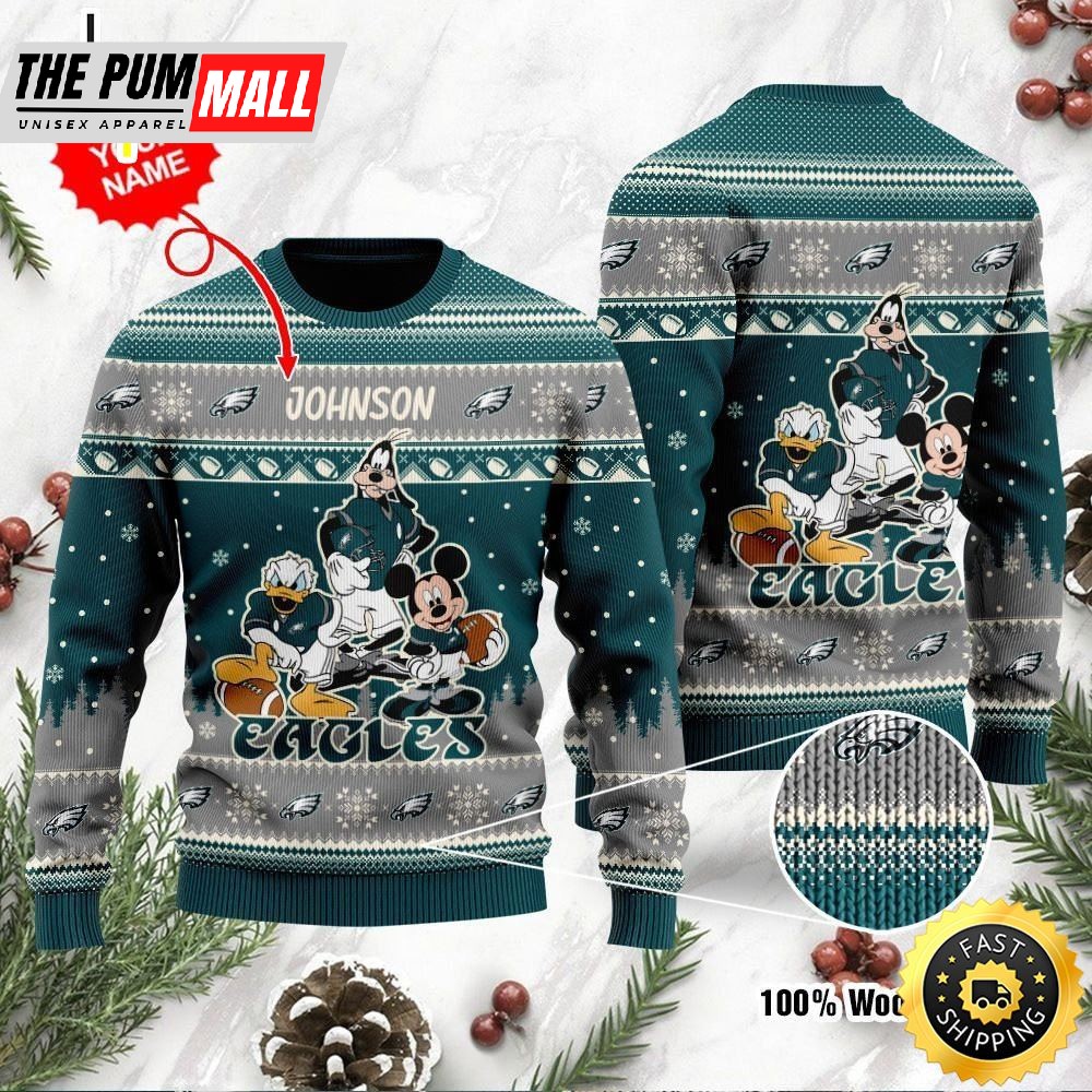 Philadelphia Eagles Disney Donald Duck Mickey Mouse Goofy Personalized Ugly Christmas Sweater Perfect Holiday Gift