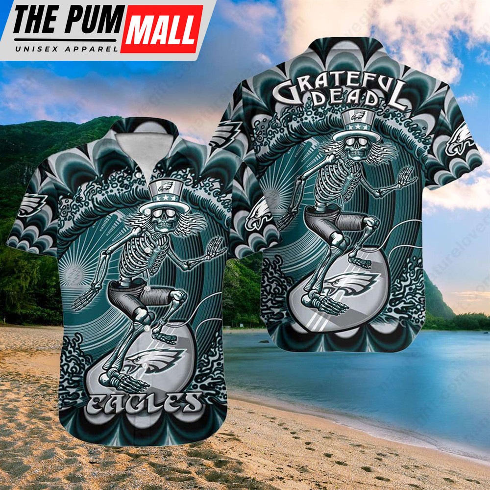 Philadelphia Eagles Grateful Dead Surfing Skeleton Hawaiian Shirt