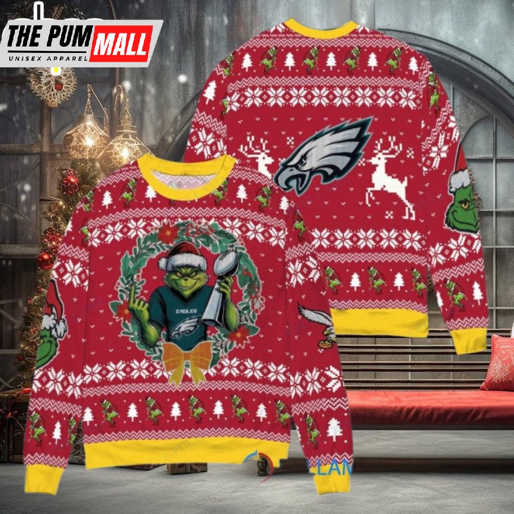Philadelphia Eagles x Grinch NFL Grinch Super Bowl Trophy Ugly Christmas Sweater