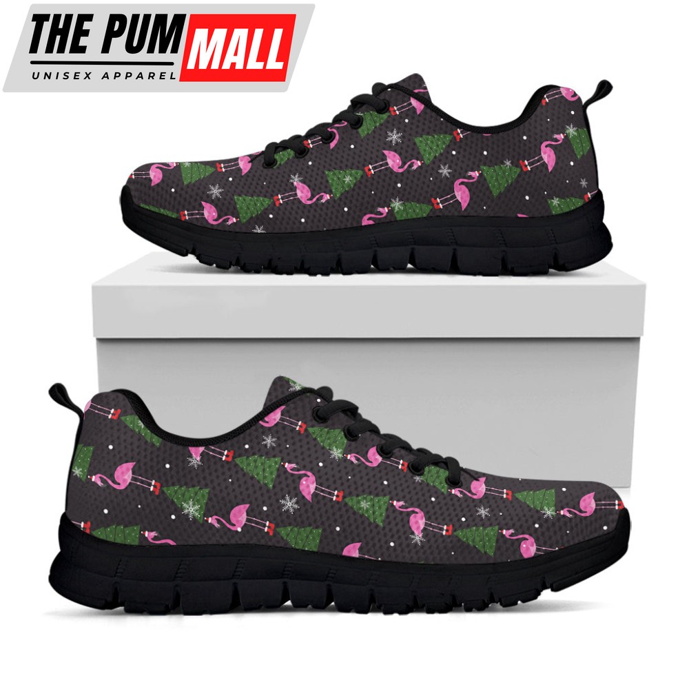 Pink Christmas Flamingo Pattern Print Black Running Shoes, Gift For Men And Women