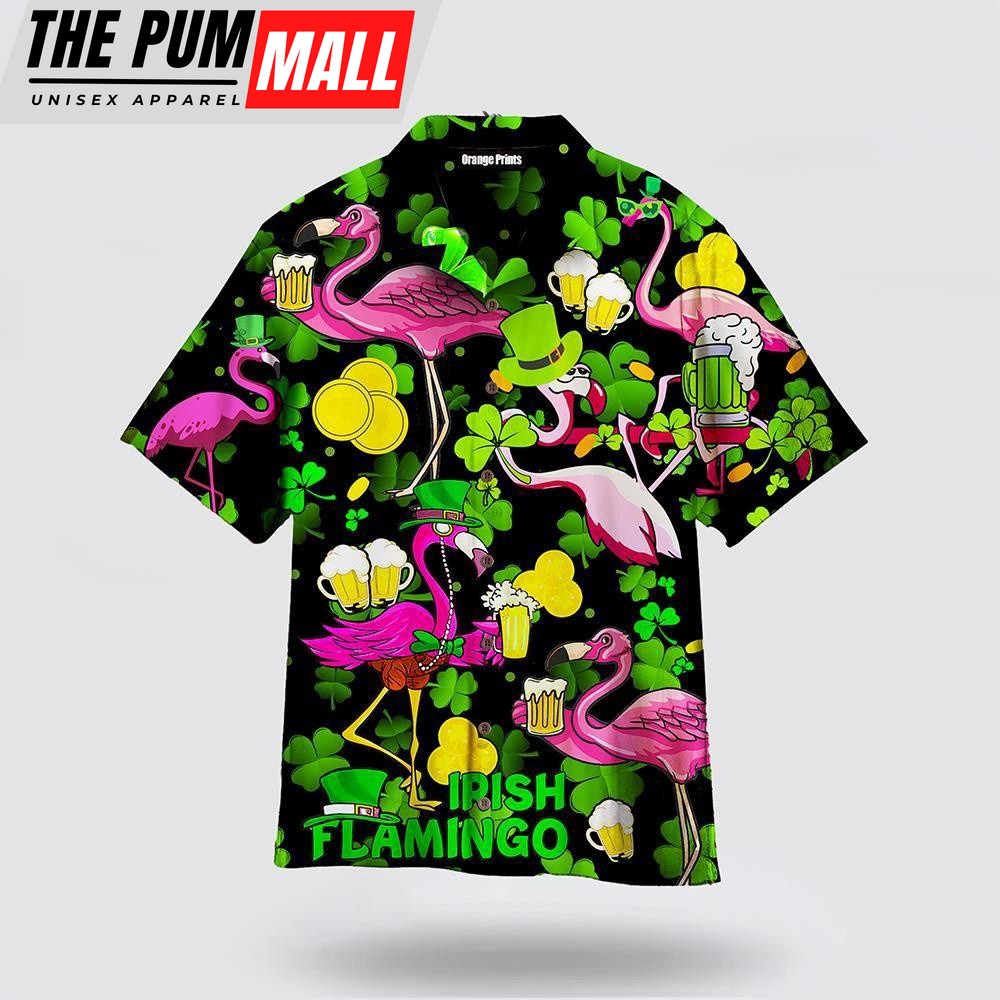 Pink Flamingo And Beer St Patricks Day Shirts, Shamrock Hawaiian Shirt