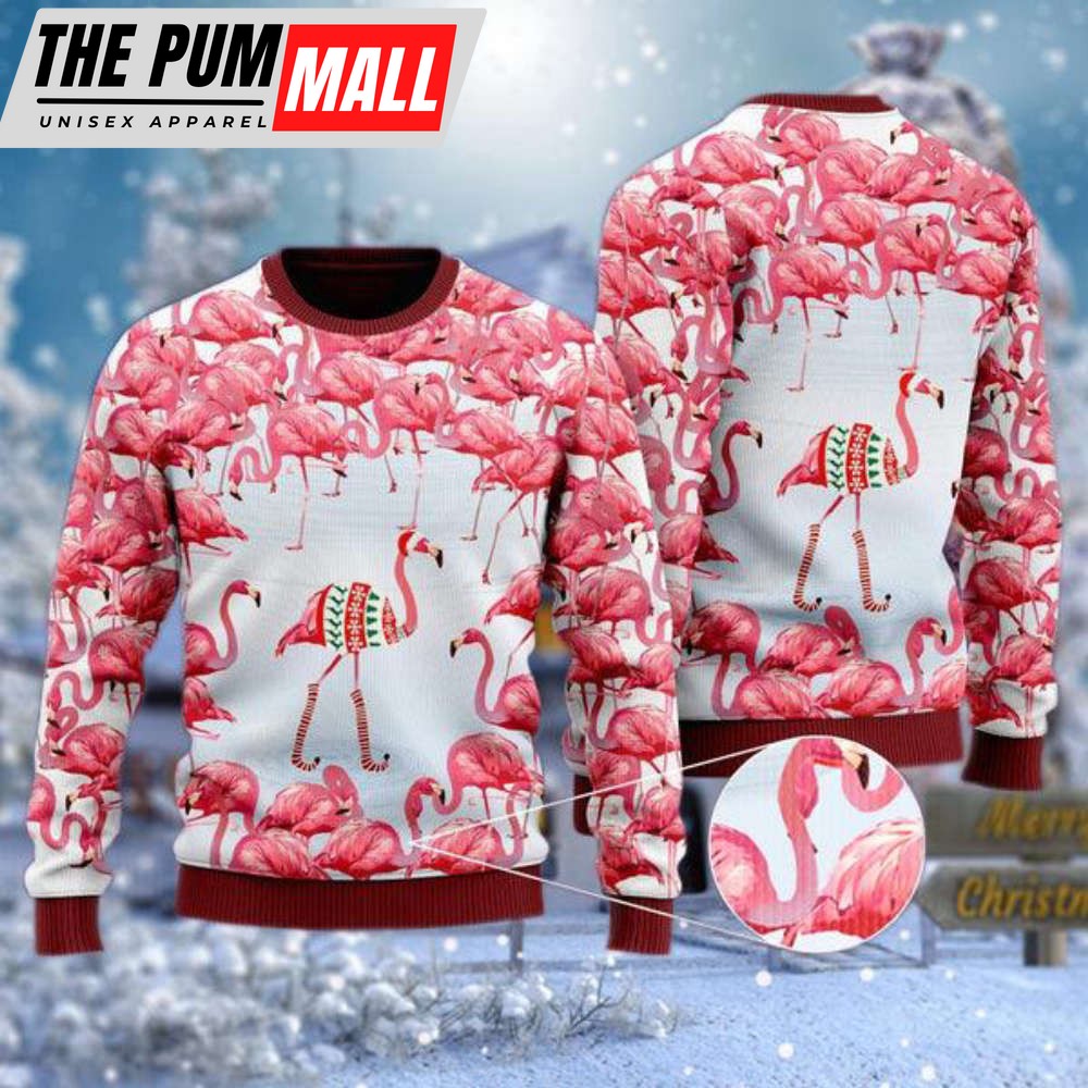 Pink Flamingo Christmas Village Ugly Sweater