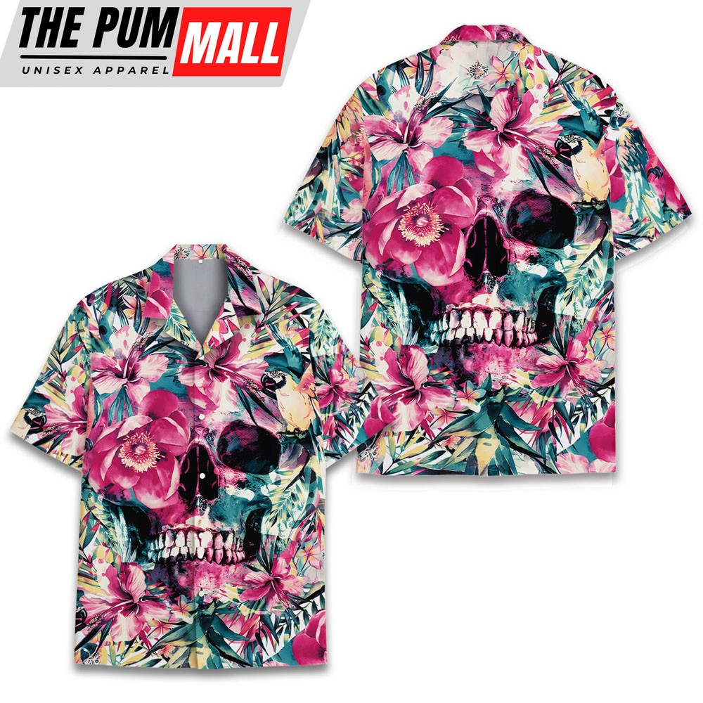 Pink Floral Skull Hawaiian Shirts for Men Women