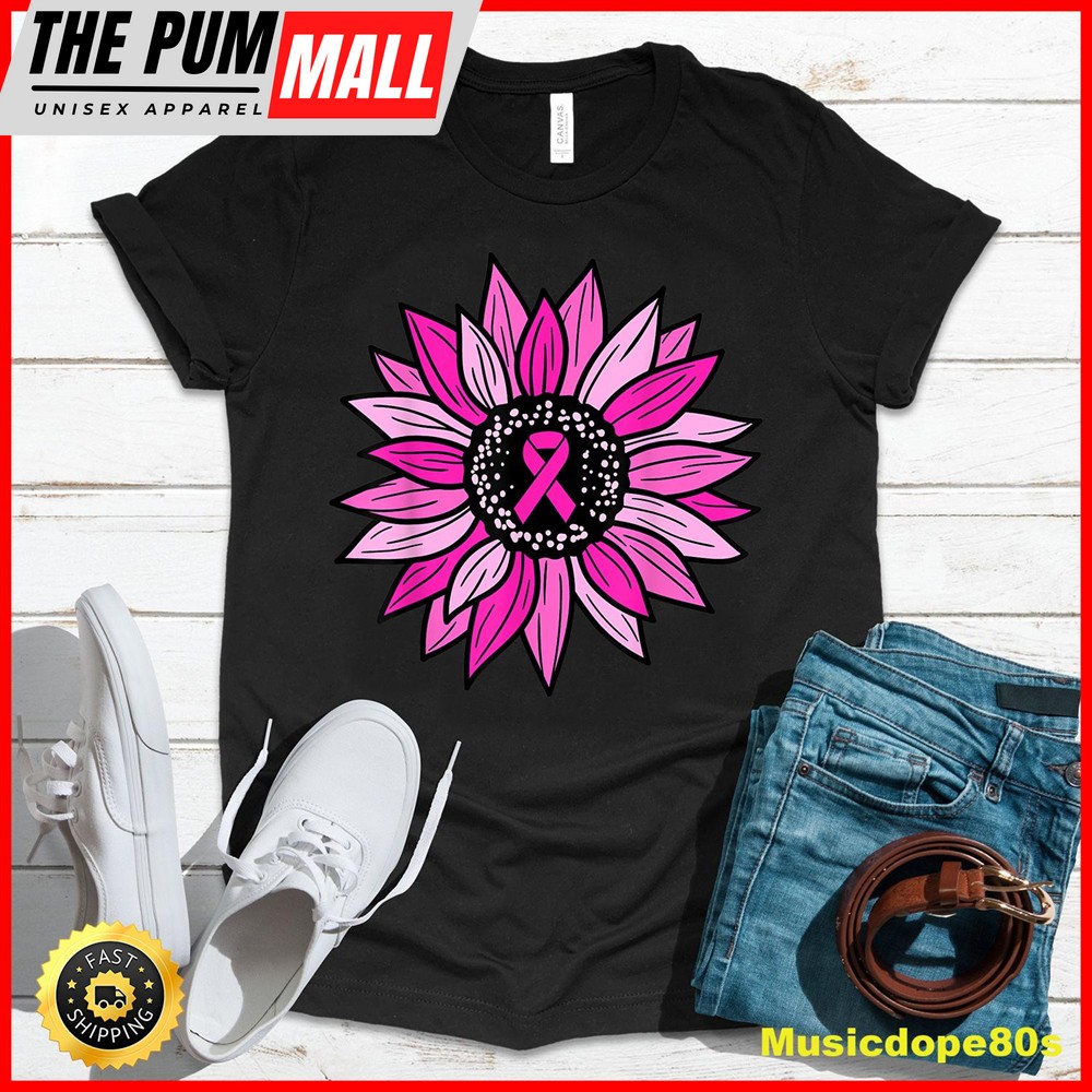 Pink Ribbon Sunflower Breast Cancer Awareness Women Kids T-Shirt