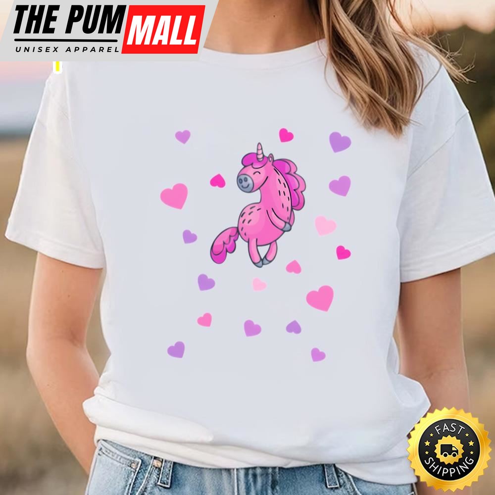 Pink Unicorn With Pink And Purple Hearts T-shirt