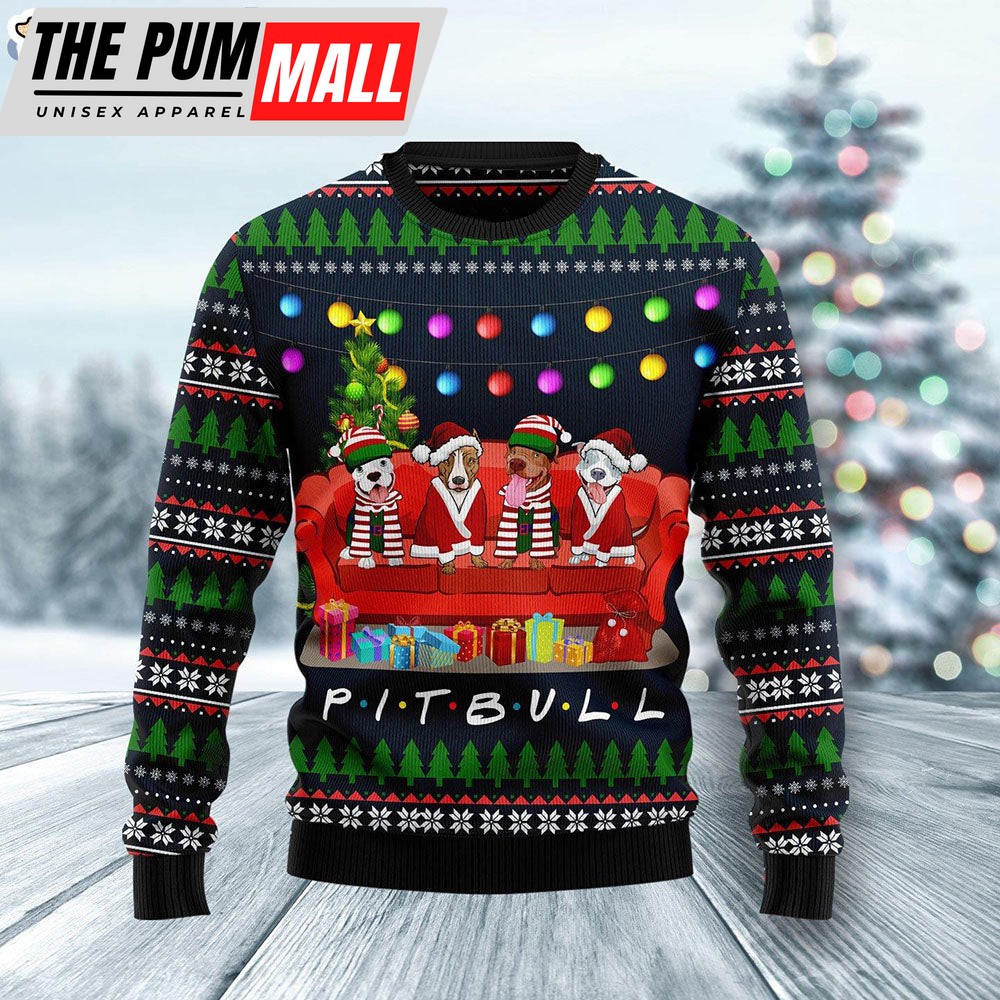 Pit Bull Friends On Red Sofa Dog Lover Ugly Christmas Sweater – Christmas Outfits Gift