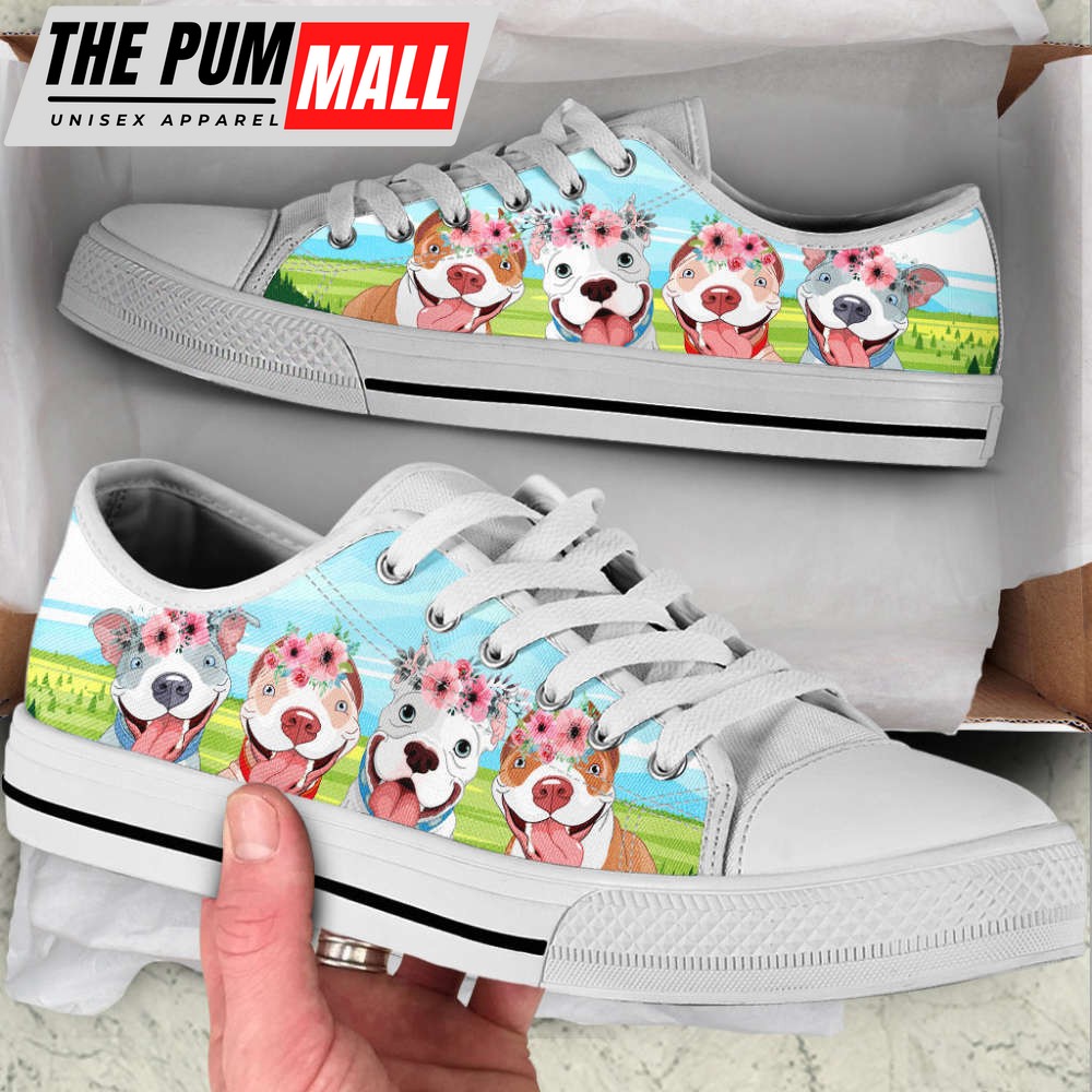 Pitbull Dog Floral Wreath Low Top Shoes Canvas Sneakers Casual Shoes