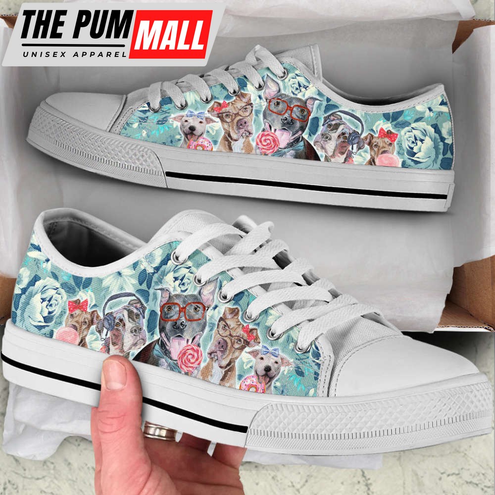 Pitbull Dog Flowers Pattern Low Top Shoes Canvas Sneakers Casual Shoes