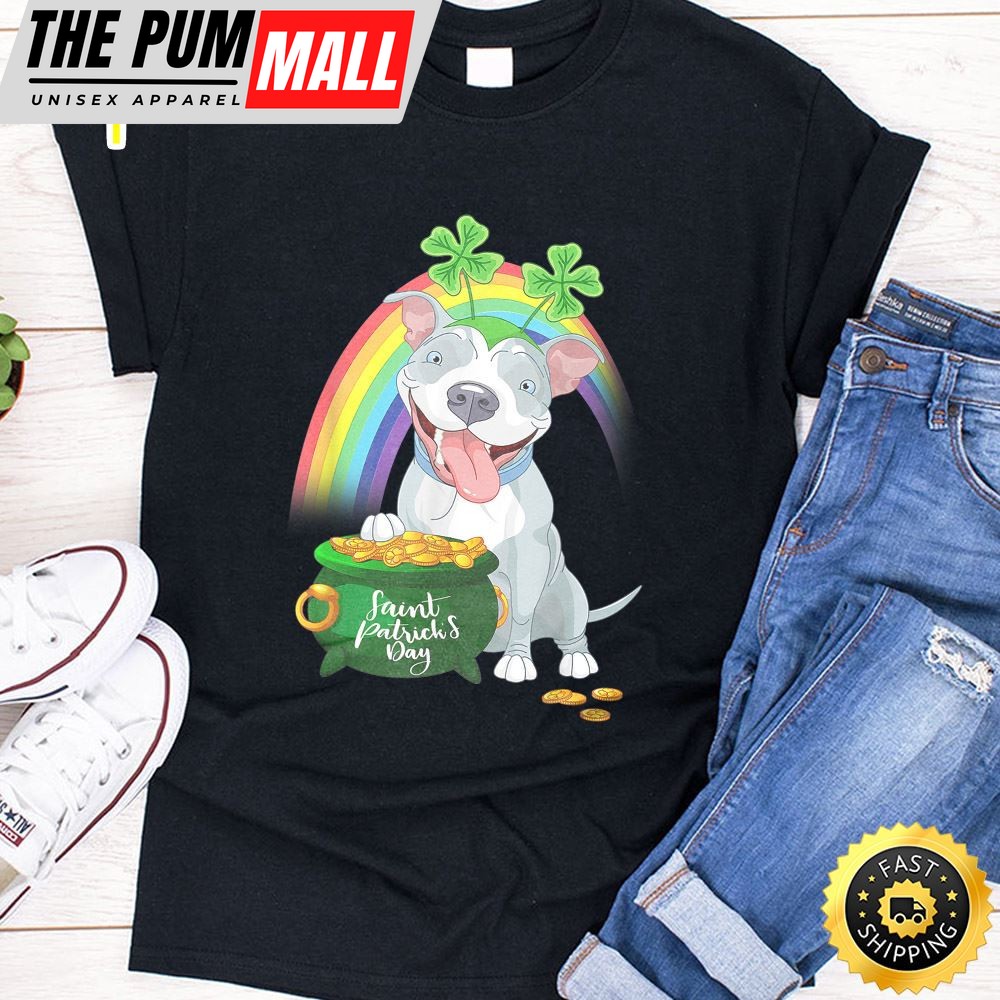 Pitbull Dog Irish Leprechaun Rainbow Saint St Patrick Day T-Shirt