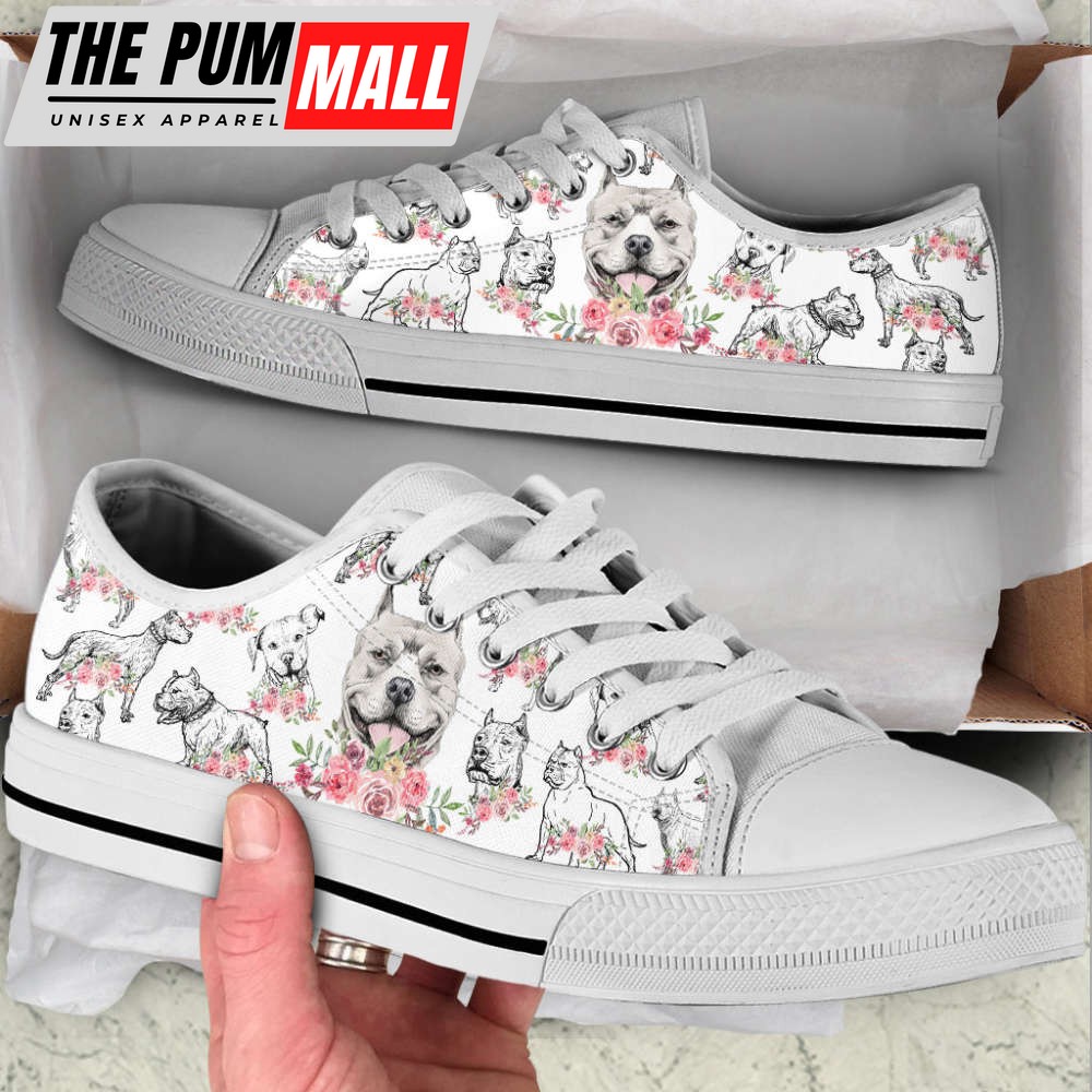 Pitbull Dog Watercolor Flower Low Top Shoes Canvas Sneakers