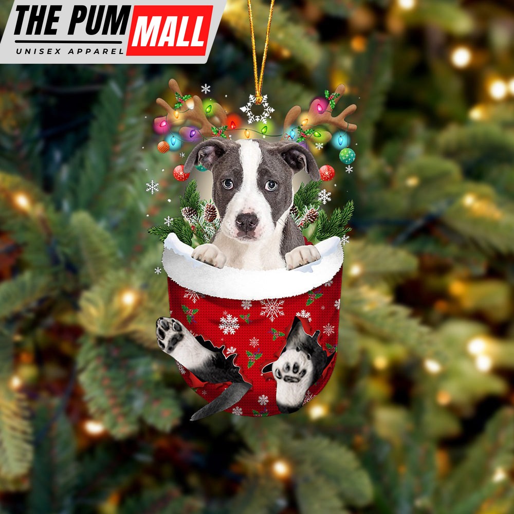 Pitbull In Snow Pocket Christmas Ornament – Two Sided Christmas Plastic Hanging Limited Edition