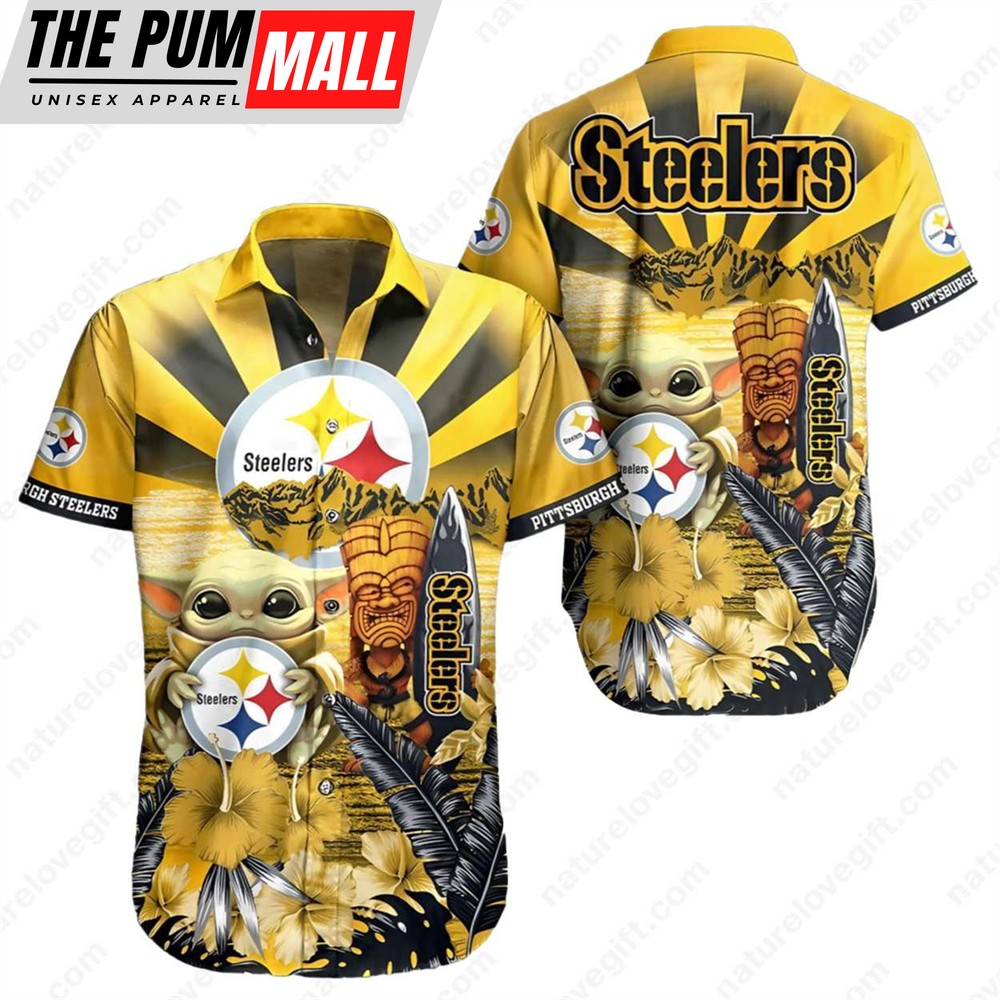 Pittsburgh Steelers Baby Yoda Hibiscus Tiki Hawaiian Shirt